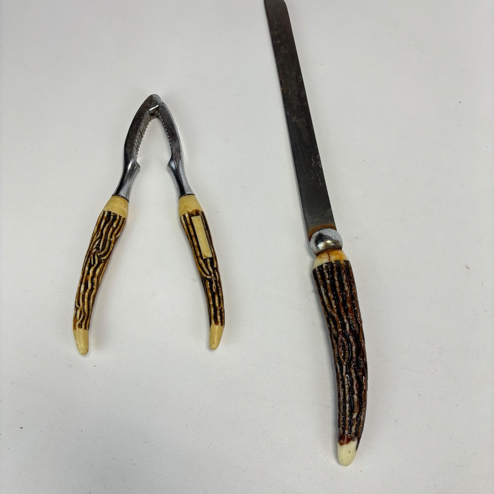 Vintage Faux Antler Rustic Lodge Nutcracker and Knife Set Brown Fair